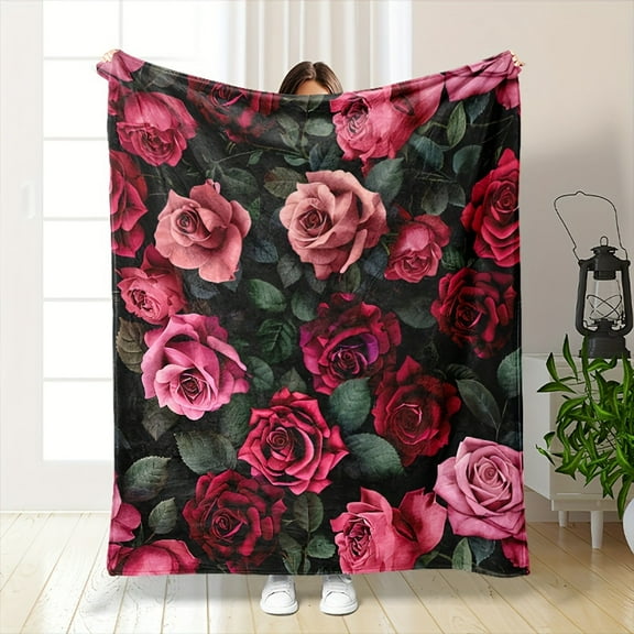 Ultra-Soft Rose Flower Flannel Fleece Throw Blanket - Versatile for All Seasons, Machine Washable, Ideal for Bed, Sofa, and Travel - Cozy & Warm