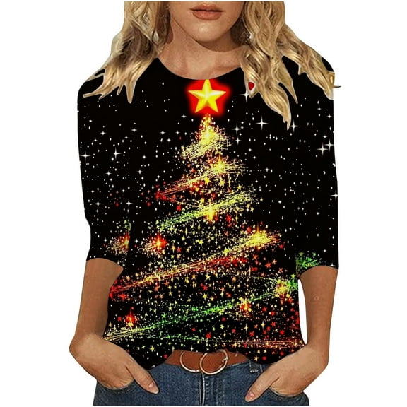 bnaln Christmas Sweatshirts for Women Fashion Christmas Tree Printed Funny Tshirts Xmas Holiday Tops Trendy Cute 3/4 Length Sleeve Round Neck Loose Fit Tees Blouses Xmas Jumpers