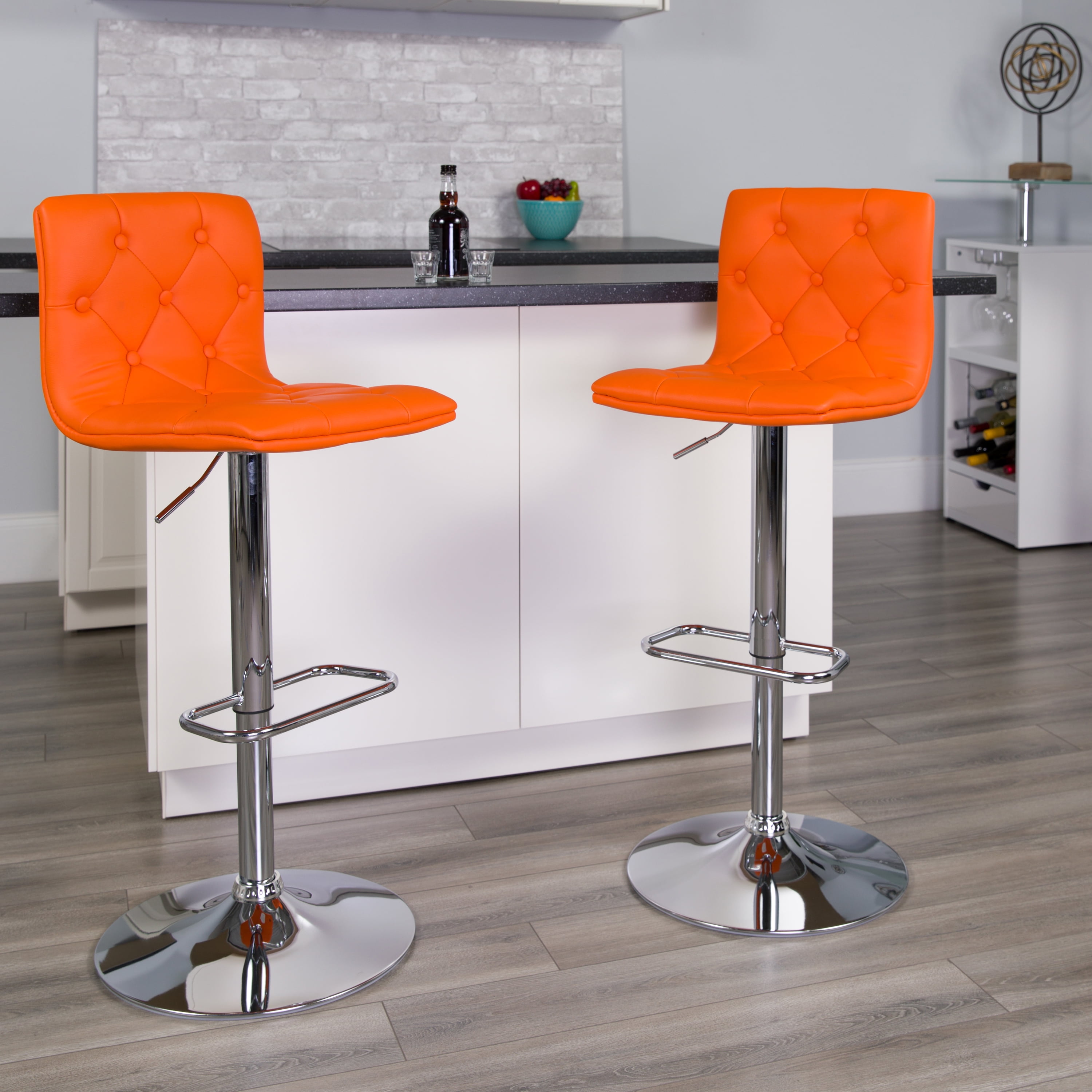 Contemporary Tufted Orange Vinyl Adjustable Height Bar Stool with Chrome Base 