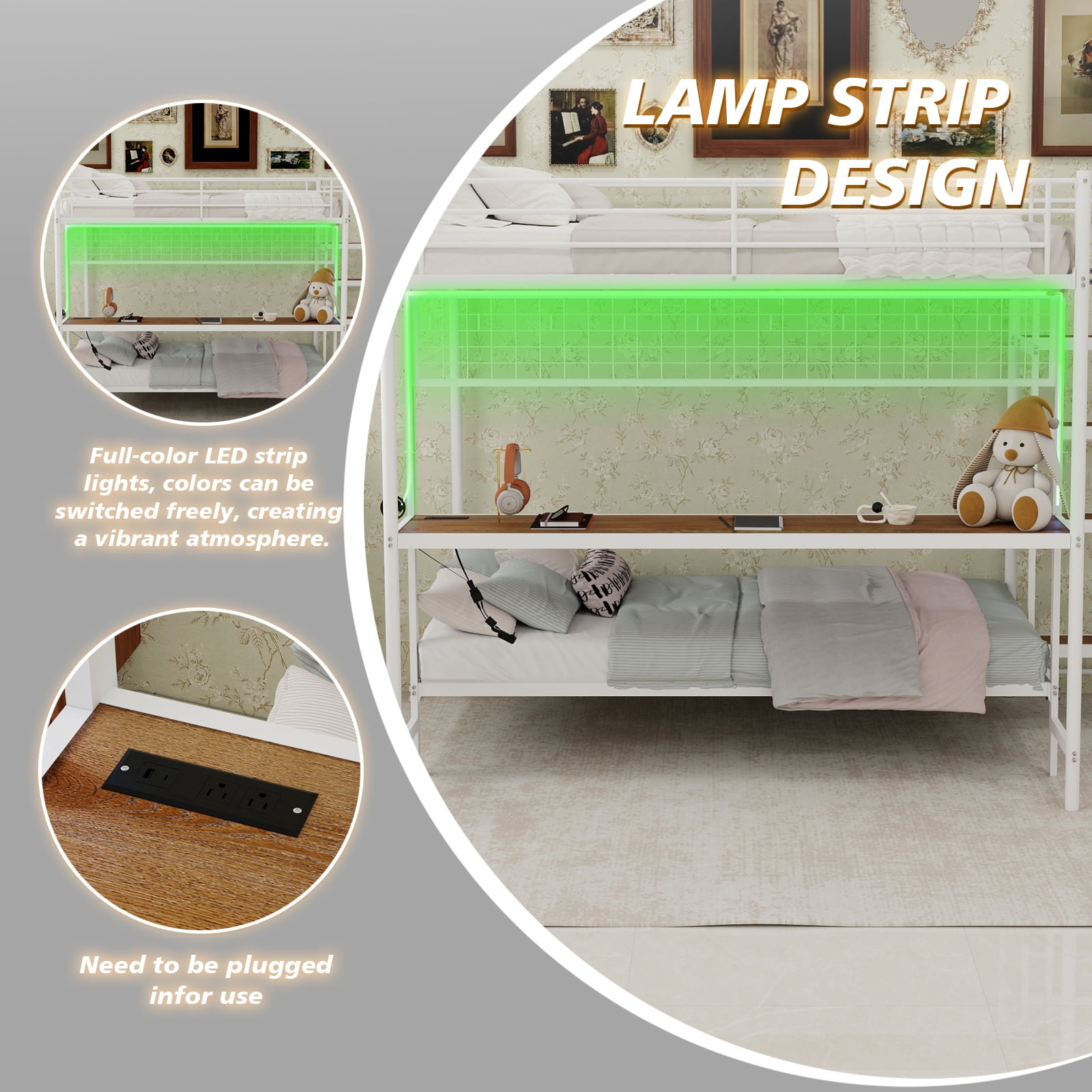 Alvantor Full over Twin Bunk Bed with Desk & LED Lighting, Metal Bunk Bed Frame for Kids/Teens, No Box Spring Needed White