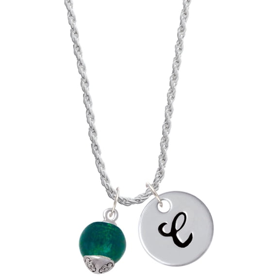 Delight Jewelry 12mm Teal Roller Spinner with Silvertone Lining Glass Spinner Silvertone Script Initial Disc - C - Charm Necklace, 20"+3"