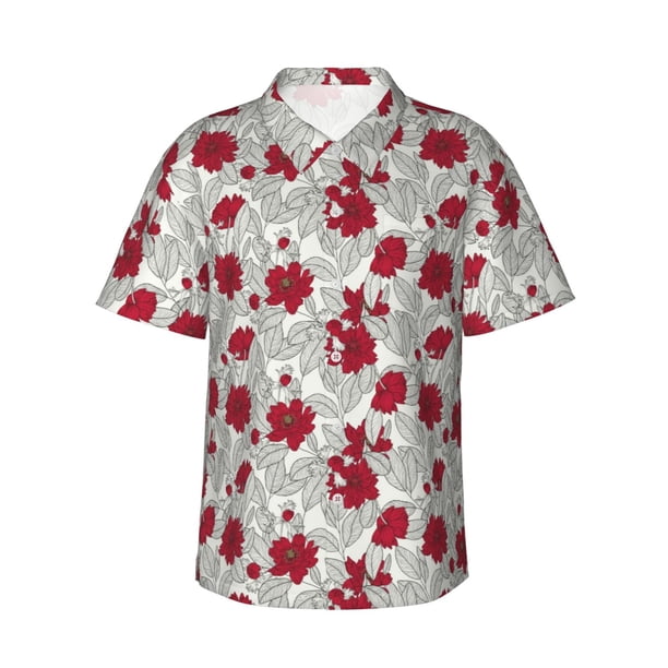 Balery Leaves And Anemone Flowers In Red Grey Camisas hawaianas de manga corta para hombre, camisas playeras de corte holgado, camisas de vacaciones con botones,3X-Large