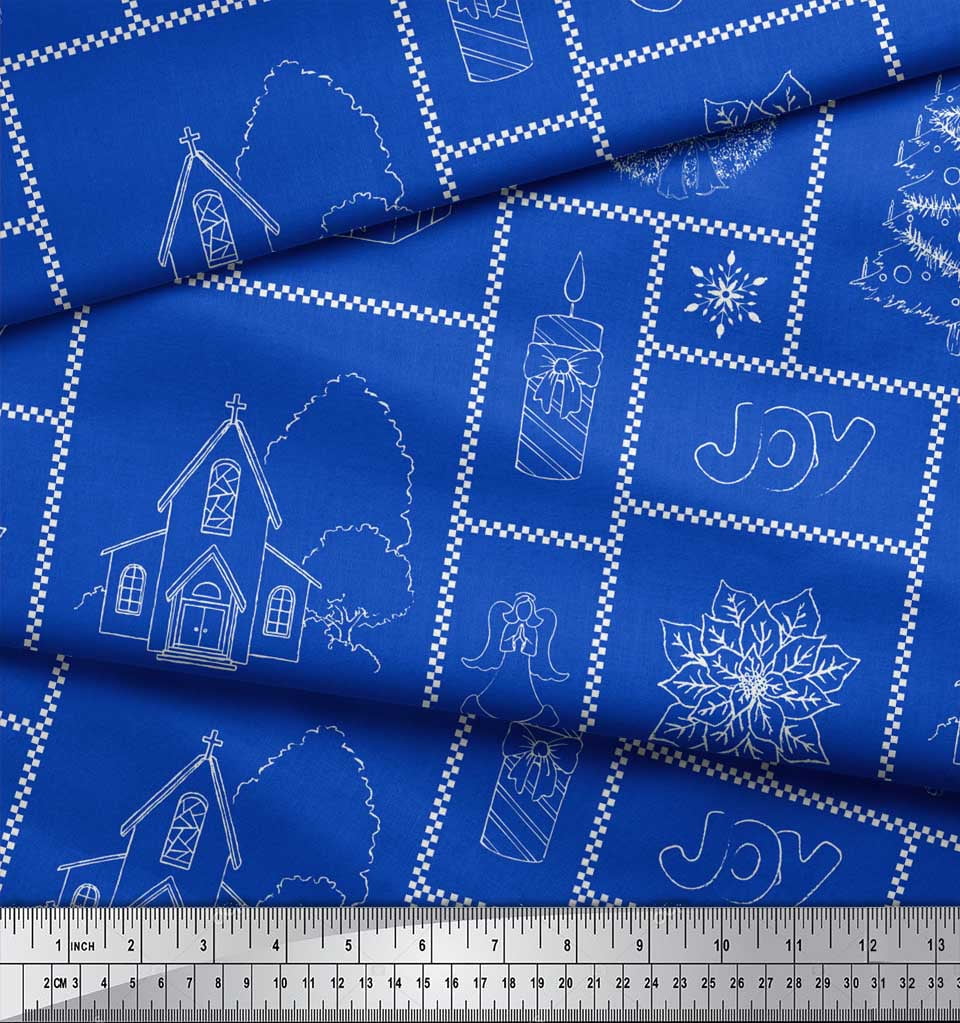 Soimoi Blue Rayon Fabric Christmas Theme Party Print Fabric by Yard 56 Inch Wide