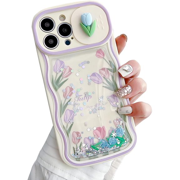 Compatible with iPhone 13 Pro Max Case Slide Camera Cover for Women Girls Luxury Flowing Quicksand Case Bling Glitter Liquid Flower Floral Pattern Shockproof Cover for iPhone 13 Pro Max, Tulip