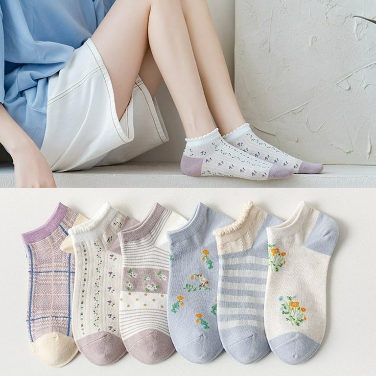 Women 's Simple Low Cut Cotton Socks Fashion Floral Plaid Stripe Pattern  Breathable Ankle Socks (Purple Floral , One Size ) 