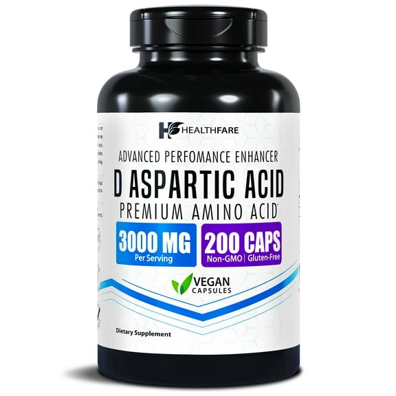 HealthFare (DAA) D-Aspartic Acid Supplement for Men & Women | 3000mg High Potency Amino Acid | 200 Capsules | Non-GMO, Gluten-Free, Vegan Supplement | Made in USA