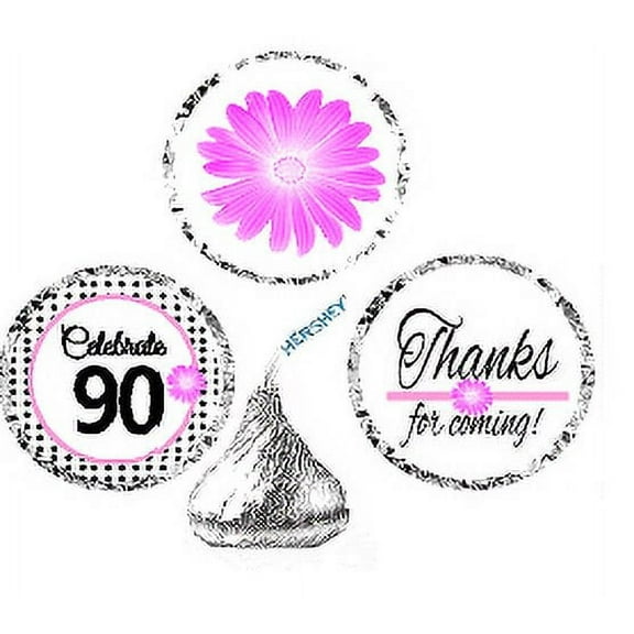 CakeSupplyShop Item#090BPH 90th Birthday / AnniversaryPink Black Polka Dot Party Favor Hershey Kisses Candy Stickers / Labels -216ct