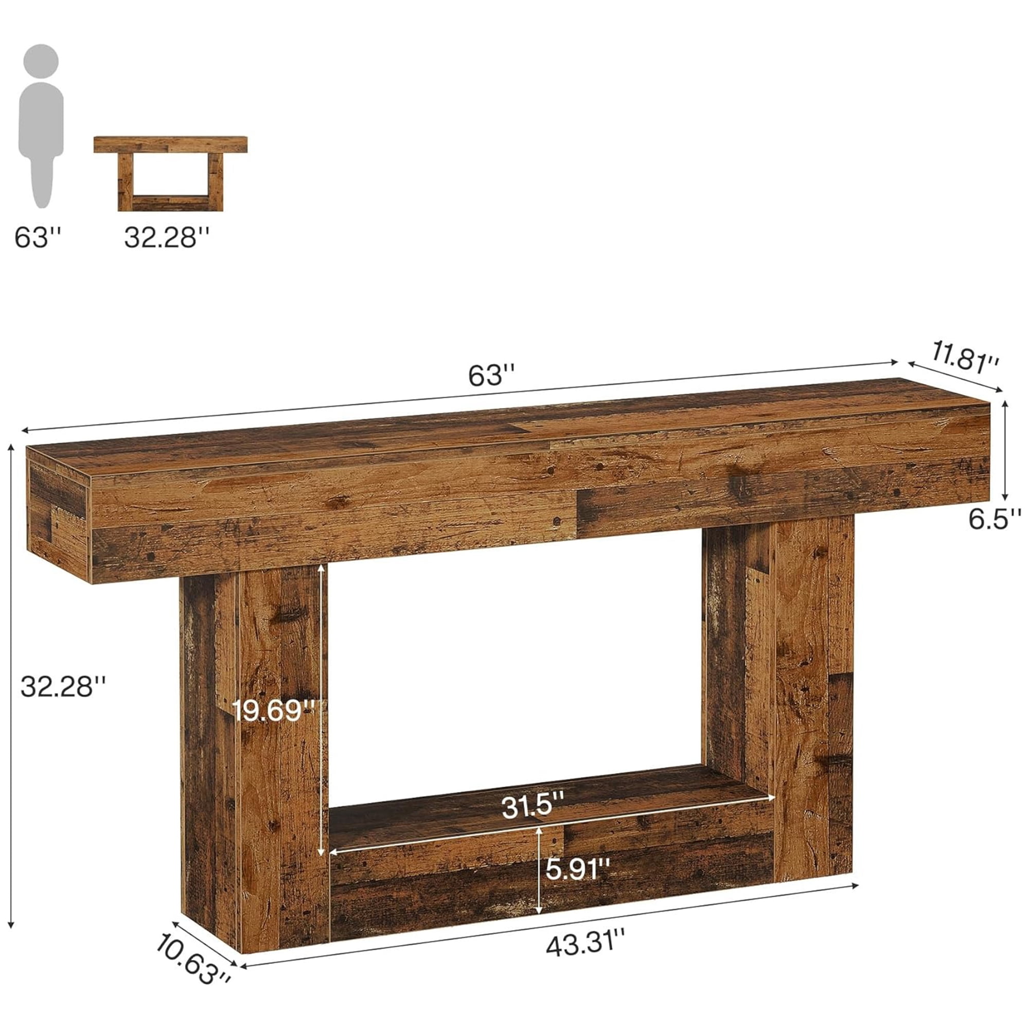 63" Farmhouse 2-Tier Console Table, U-Shaped Base Entryway Table, Narrow Wood Sofa Table Behind Couch for Living Room & Hallway (Mix Brown)