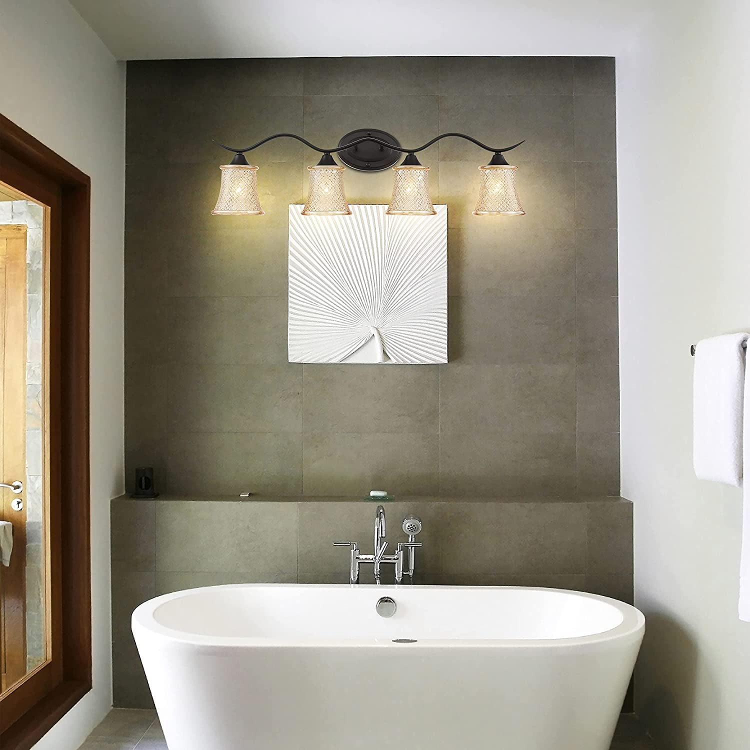 Vanity Art Elegant Cut Crystal Glass 4 Lights Dimmable Matte Black Vanity Light for Mirror Hallway Living Room | Modern Wall Lighting with Clear Glass Shade Bathroom Light Fixtures W2004BK/CH-B02