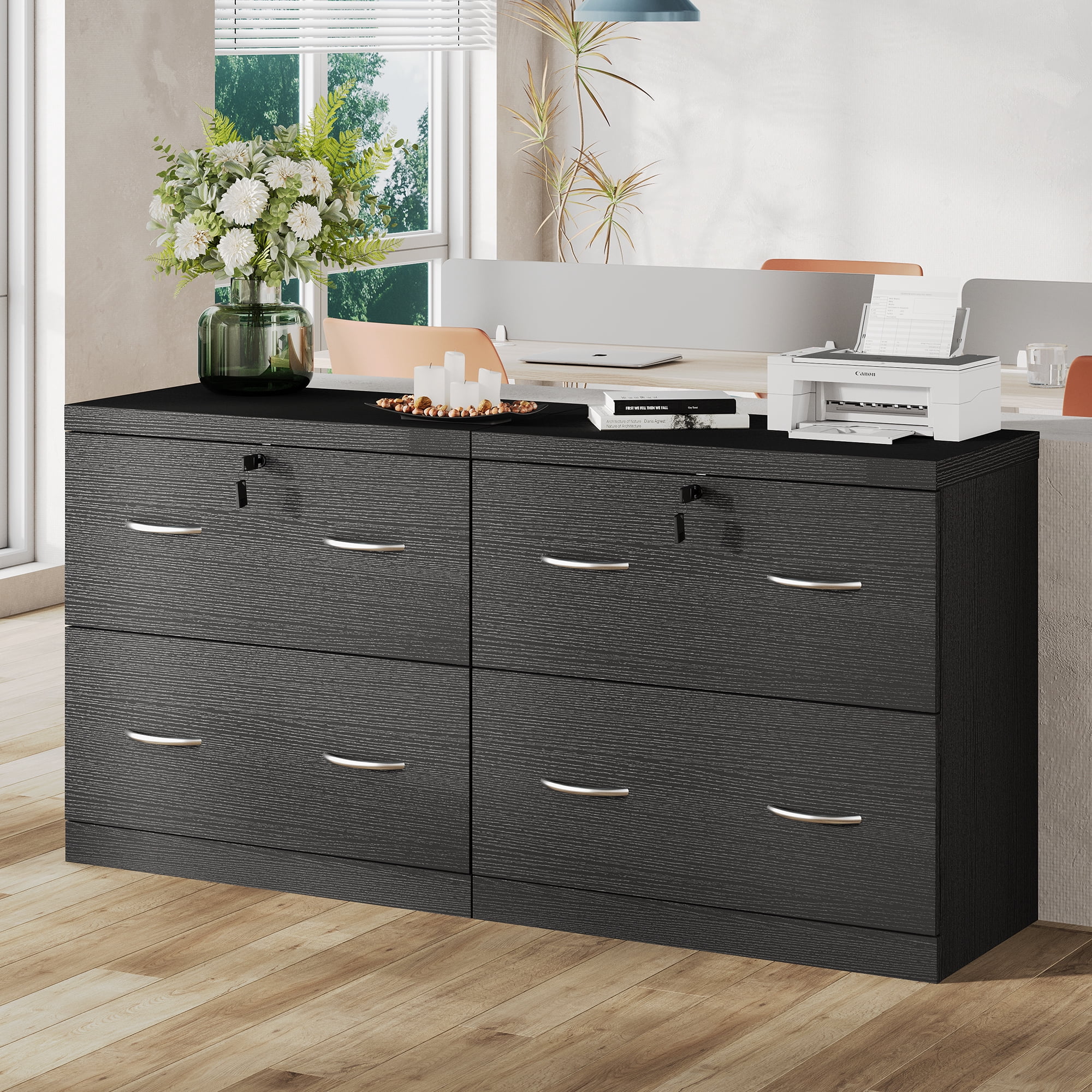 HMstone Farmhouse File Cabinet with Lock, 2 Drawer Lateral File Cabinet for Printer Stand, Large Wood Filing Storage Cabinet for Home Office, Fits A4/Letter Size Files, Black