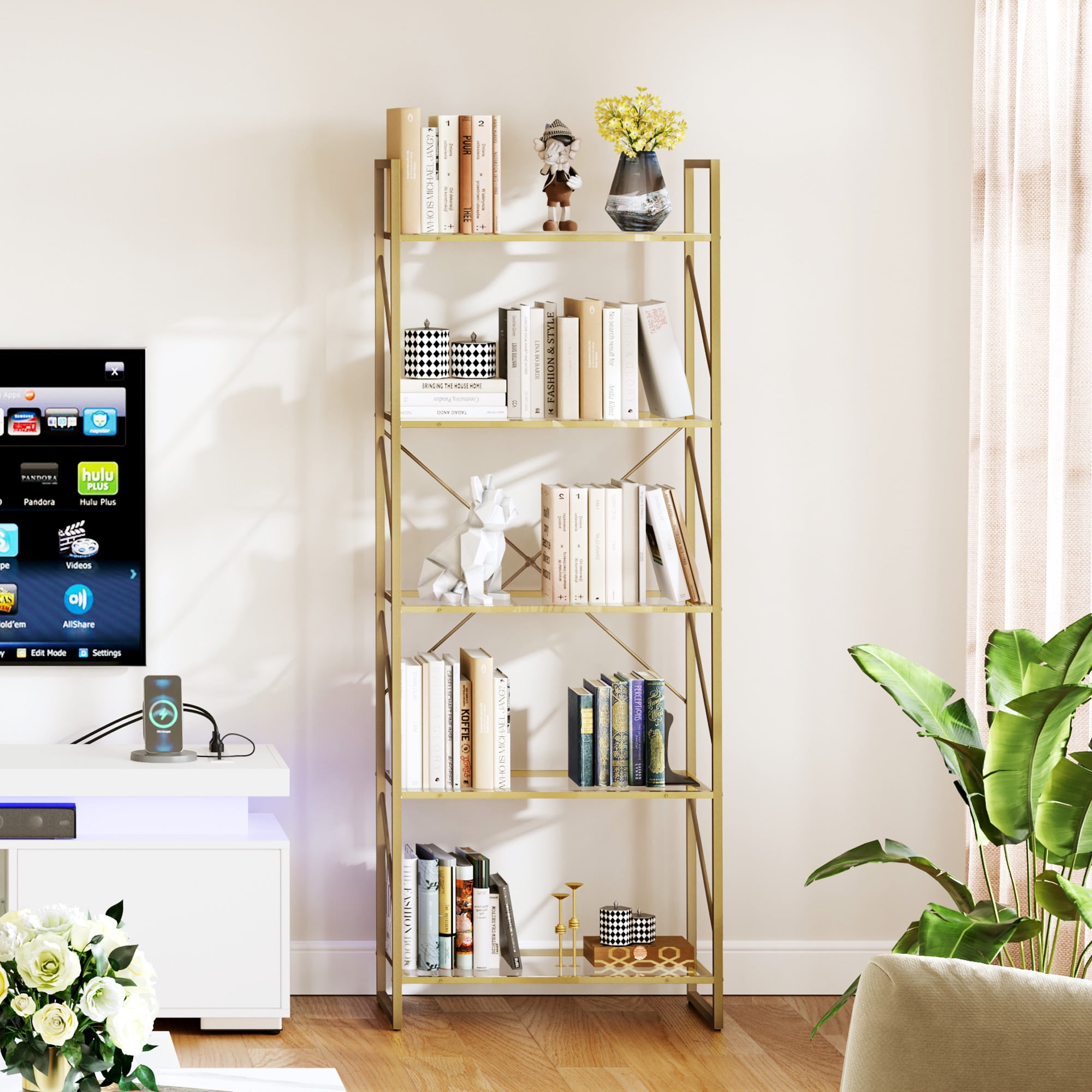 Dextrus 5-Tier Gold Bookshelf, Modern Open Display Bookcase with Metal Frame for Living Room, Bedroom & Office