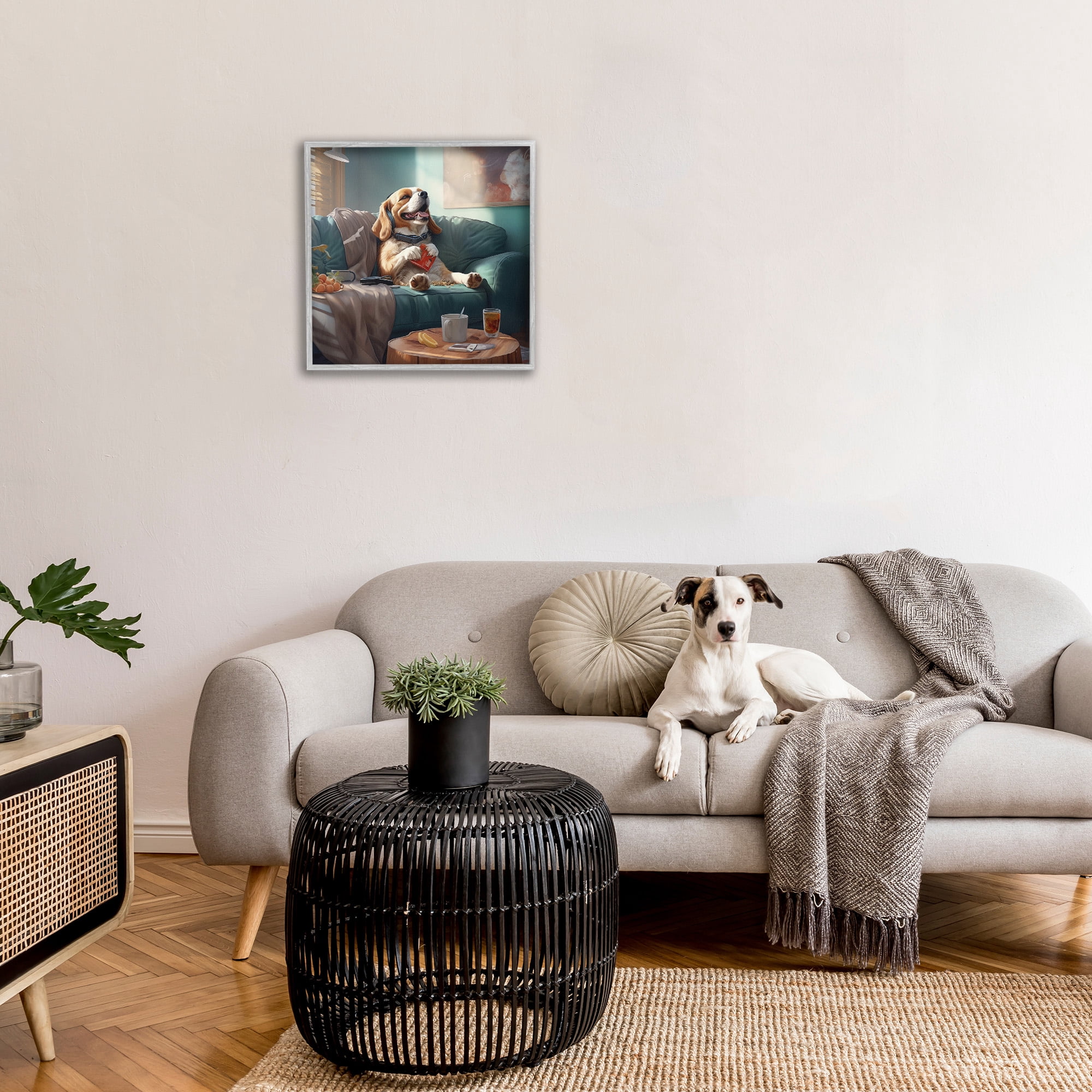 Stupell Industries Happy Dog on Couch Animals & Insects Painting Gray Framed Art Print Wall Art, 24 x 24