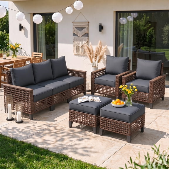 ELPOSUN 5-Piece Patio Furniture Set, All-Weather Open-Weave Wicker Outdoor Conversation Set, Thick Waterproof Cushions, for Garden and Backyard, Brown & Gray