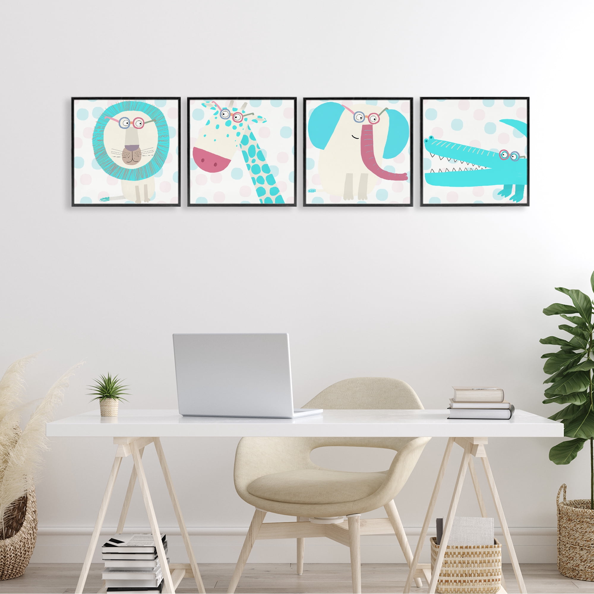 Stupell Industries Electric Blue Wild Animals 4 Piece Black Framed Giclee Art Set, design by Carla Daly