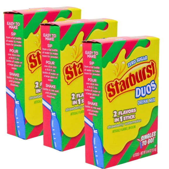 Starburst Duos Strawberry Watermelon On the Go Drink Mix No Sugar Refreshing Powder Water Enhancer for Home Lunch Snacks Office Summer Indoor Outdoor Drinks 6 Sticks per Box Pack of 3