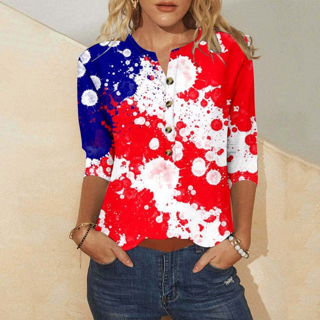 Fiudx Ofertas Flash Del Día Camiseta Holgada de Manga 3/4 con Botones Estampados Del Día de La Independencia de Fashion Comfort para Mujer