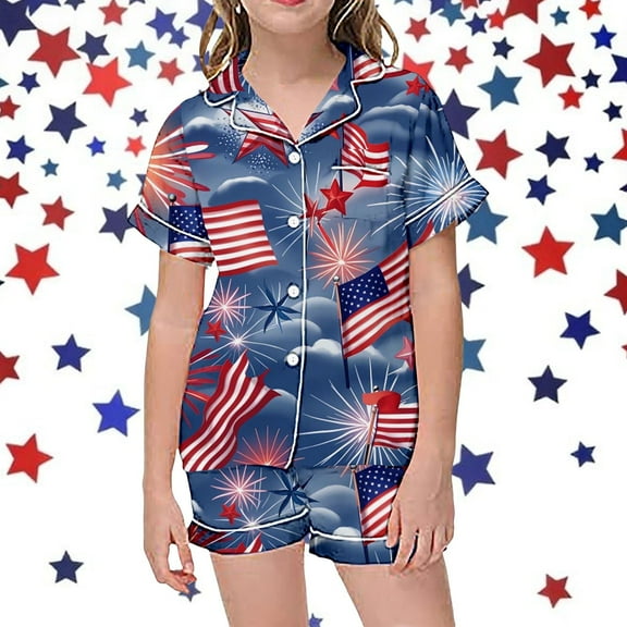 Tween Girls Pajama Set Flag Button Down Solid Tops T Shirt Set Casual Pajamas Set Toddler Girl Pajamas 12-13 Years
