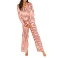 thumbnail image 4 of DuoJiaJ Women 2 Piece Pajamas Set Striped Printed Long Sleeve Button Down Shirt And Pants Sleepwear Silk Pajamas For Women Red, 4 of 5