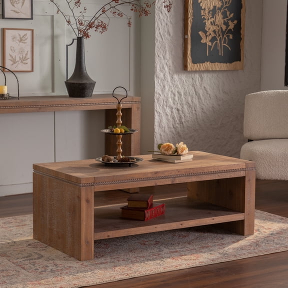 Miekor Furniture Rectangle Coffee Table with Solid Wood for Living Room, Large 2-Tier Rustic Coffee Table with Storage Shelf, Office and Apartment, Easy Assembly 48177