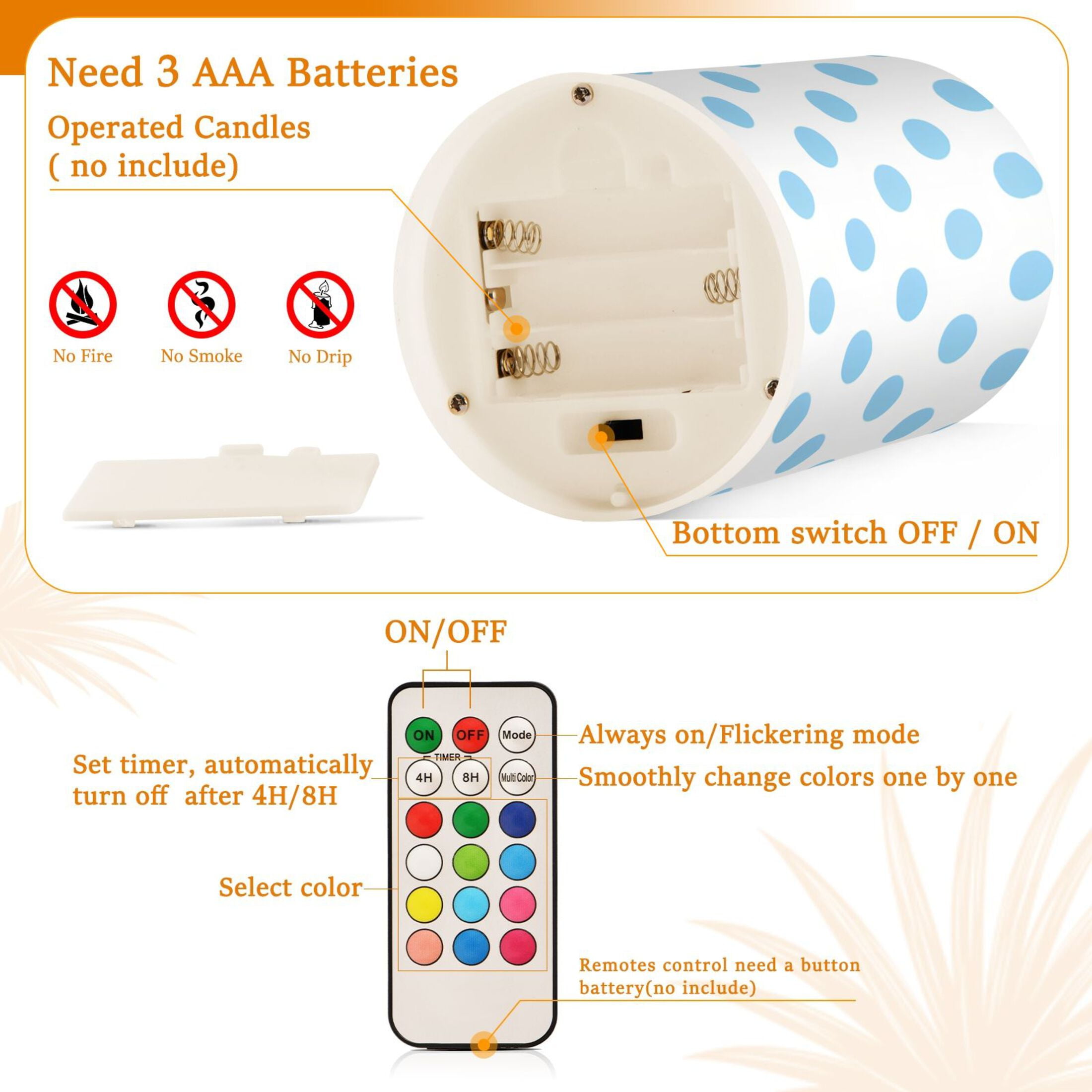 Light Blue Polka Dot Flickering Flameless LED Candles set of 2 Battery Operated 18-Key Remotes Timer Halloween Fall Decor D3''xH4''5''