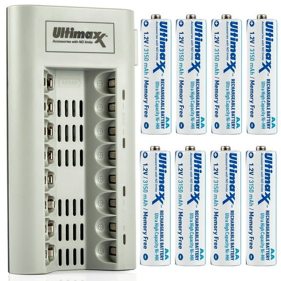 Ultimaxx 8 Bay AA & AAA Battery Charger with Two 4 Packs of AA Batteries