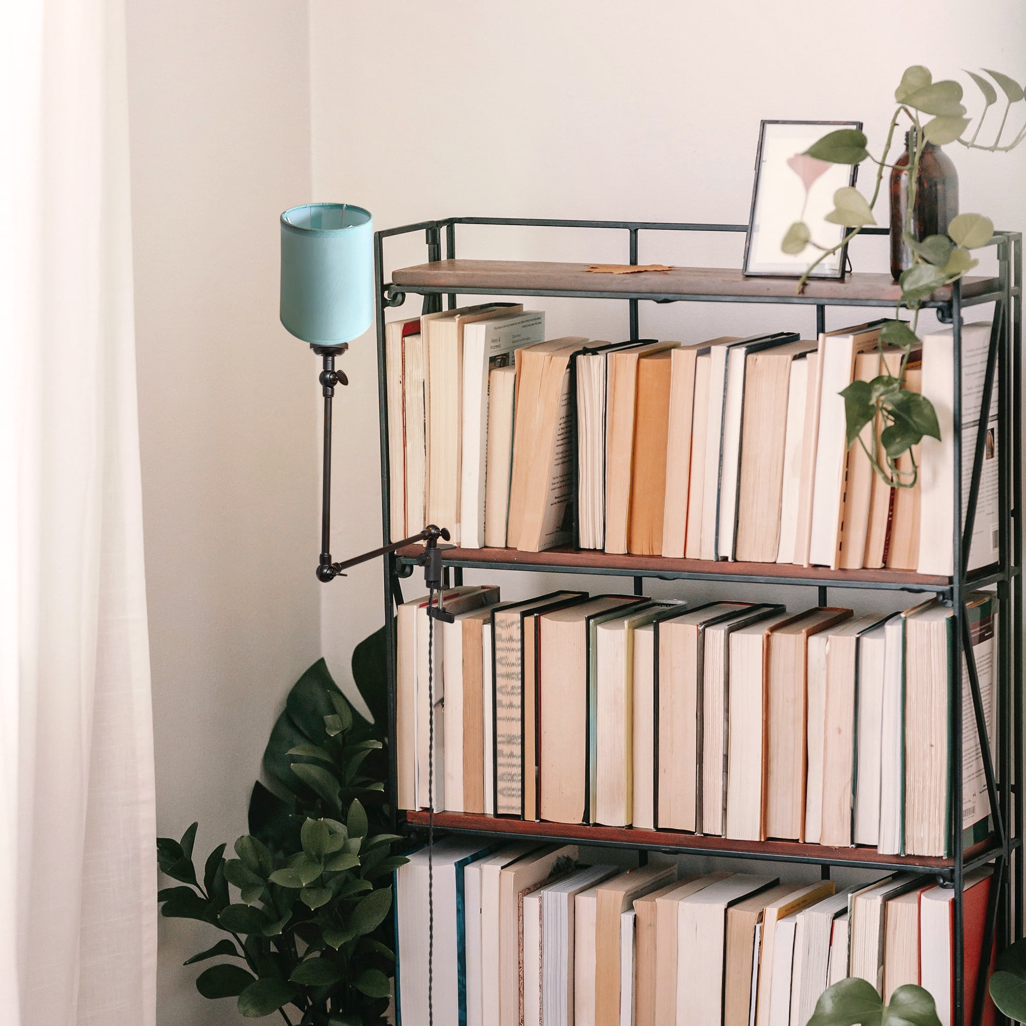 Kiven Plug-in Modern Clip-on Desk Lamp, 1-Light Nordic Nightstand Lamp with Flexible Arm, Light Blue Drum Fabric Lampshade, 8.2FT Plug in Cord, Decorative Clamp Lamp for Office Home Bookshelf Bedside