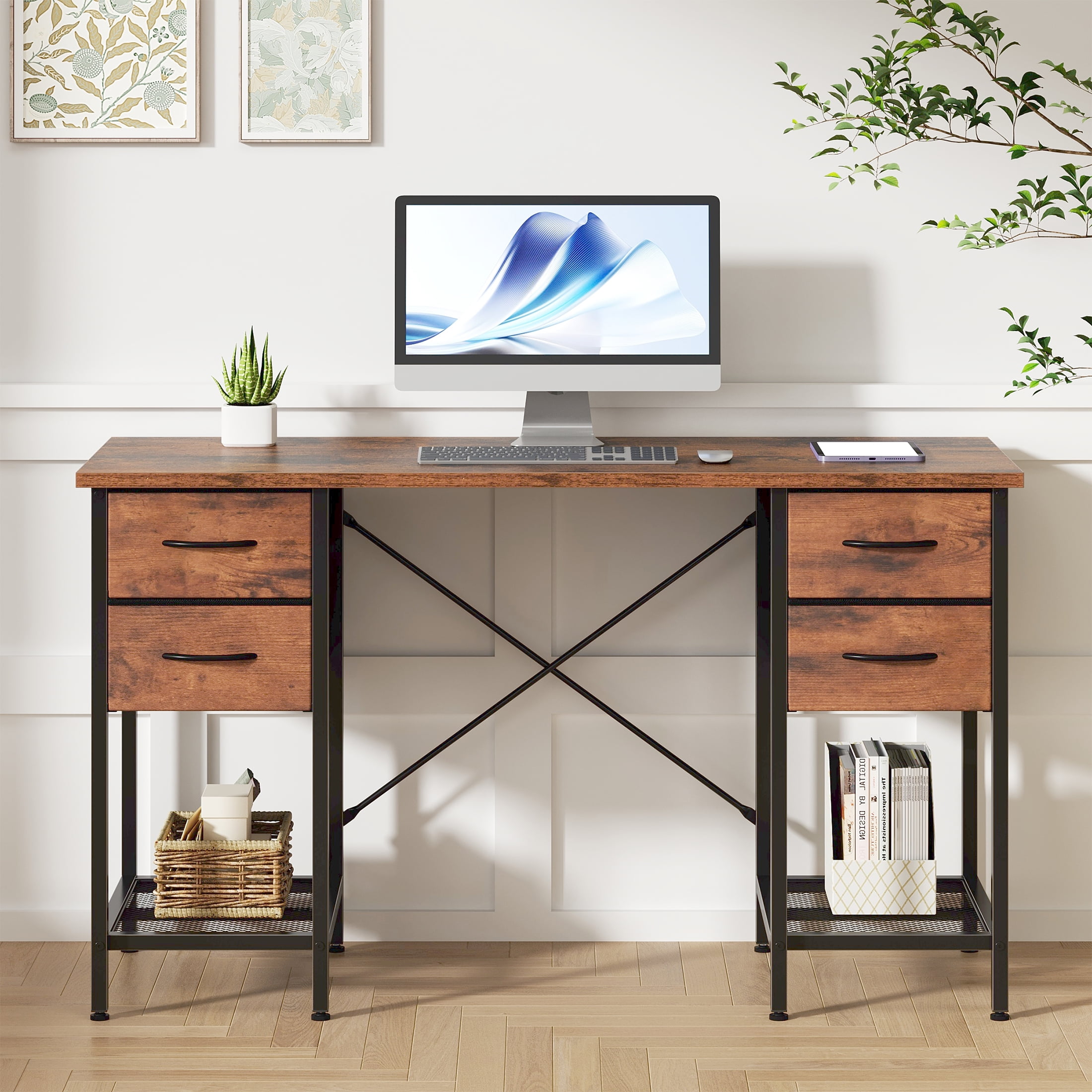 EDX 55 Inch Computer Desk with 4 Drawers, Office Desk with Mesh Shelf, Gaming Desk, Writing Work Desk , Large Storage, Rust