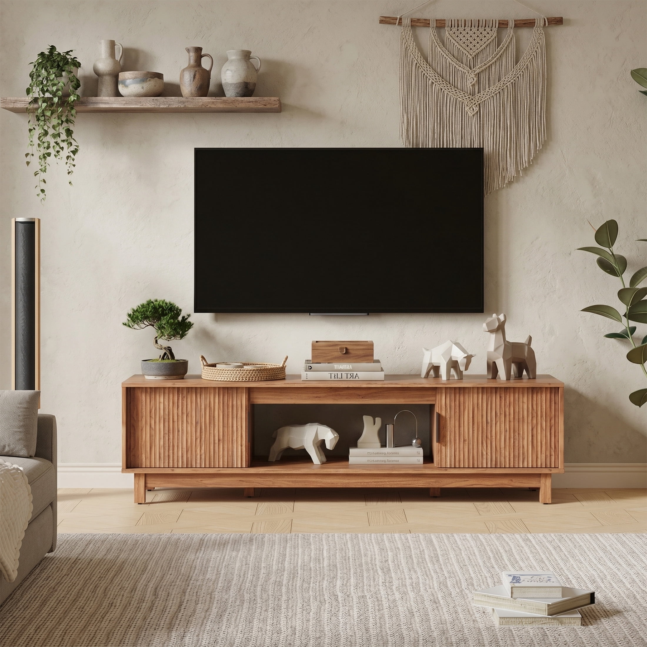 JIOABL 58" Rattan TV Stand, Wood Entertainment Center with Storage Cabinets & Cable Management Hole