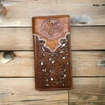 thumbnail image 2 of Western Stakes Mexican 50 Peso Embossed Leather Long Wallet Floral Cutout Layered Checkbook Style Cowboy Hand Crafted High End Mens Wallets Leather Gifts For Men (Brown & White), 2 of 5
