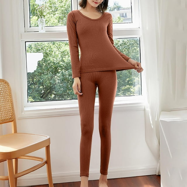 Puntoco Pijamas para mujer Conjunto de pijama de manga larga con cuello redondo y base cálida para mujer
