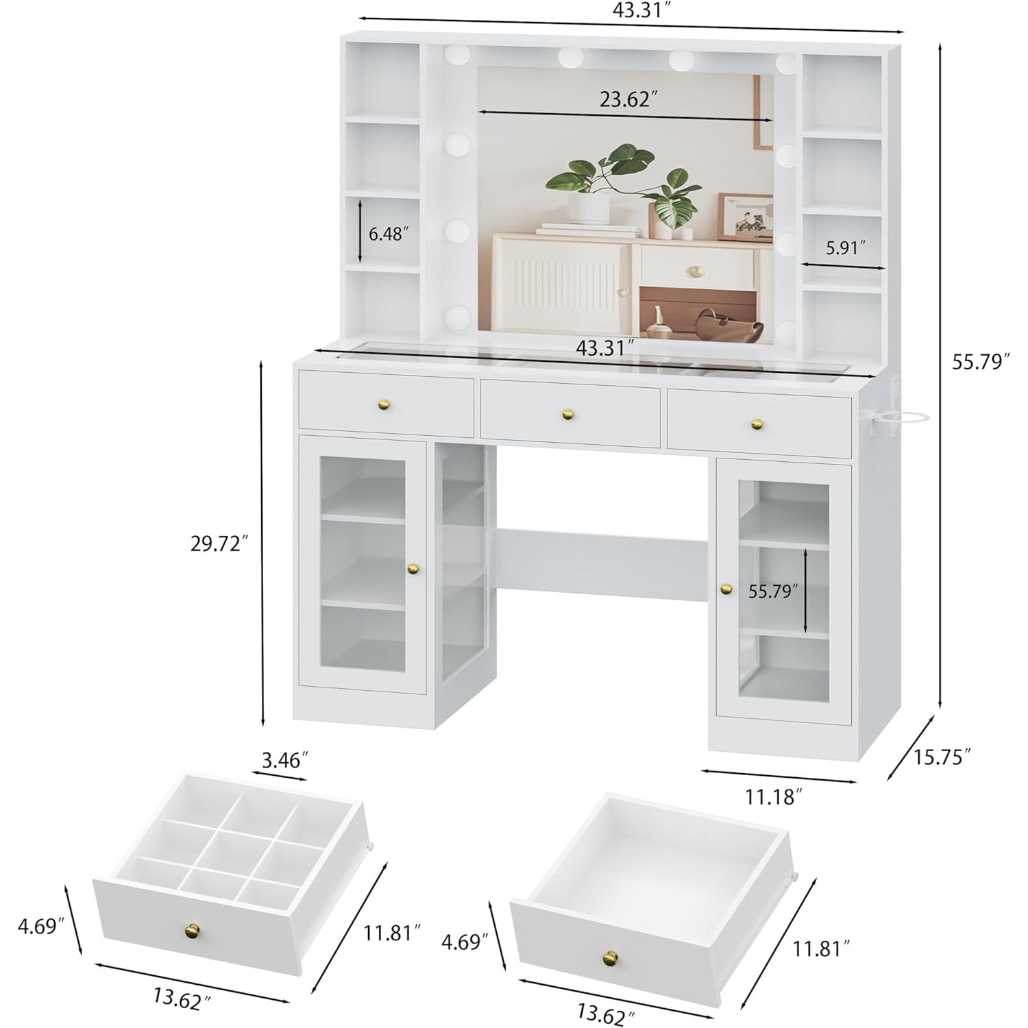 Vanity Desk with Mirror and Lights, Glass Top Vanity with Lighted Mirror & RGB Glass Cabinet and 3 Drawers, Makeup Vanity Desk with Lights Dressing Table for Bedroom, 3 Color Modes