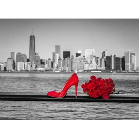 - High heel shoe with bunch of roses against Lower manhattan skyline New York Poster Print by Assaf Frank