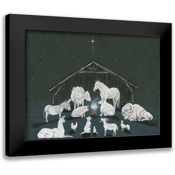 Hollihocks Art 14x12 Black Modern Framed Museum Art Print Titled - Animal Nativity Scene
