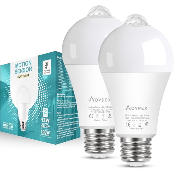 Motion Sensor Light Bulbs, Dusk to Dawn, 13W 100W Equivalent, Movement Activated Security LED Bulb, 5000K Cool White, for Outdoor Indoor, Porch Gara Basement Hallway Closet, 2 Pack