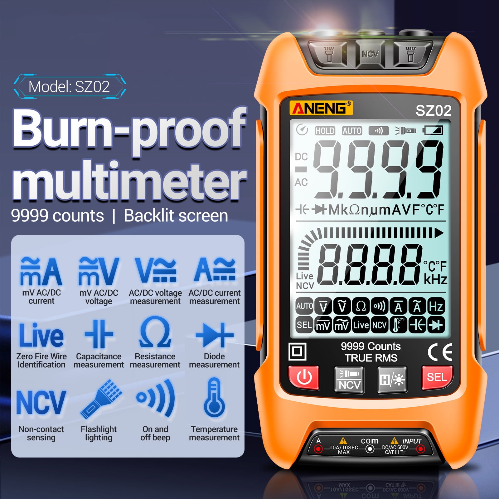 Voltmeter Digital SZ02 Smart Digital Multimeter Auto Range 9999 Counts NCV Universal Meter Handheld Multifunctional Tester Voltmeter Ammeter with Backlight Flashlight AC/DC Voltage