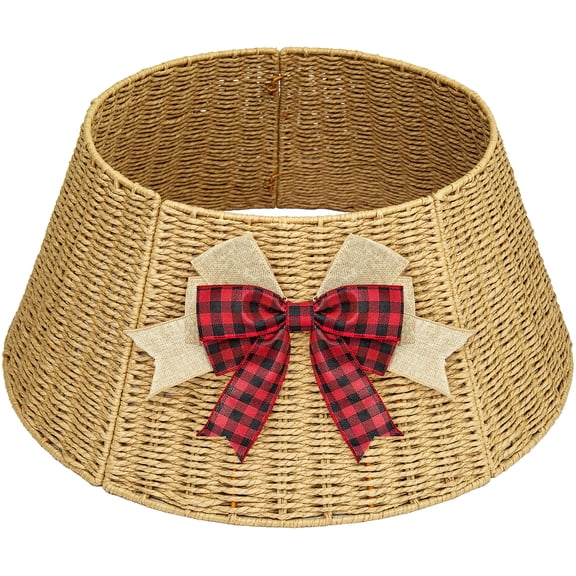 Christmas Tree Collar with Bow Knot, Handwoven Tree Base Cover Tree Skirt Accessory for Home Decor Display, Natural (24 INCH)