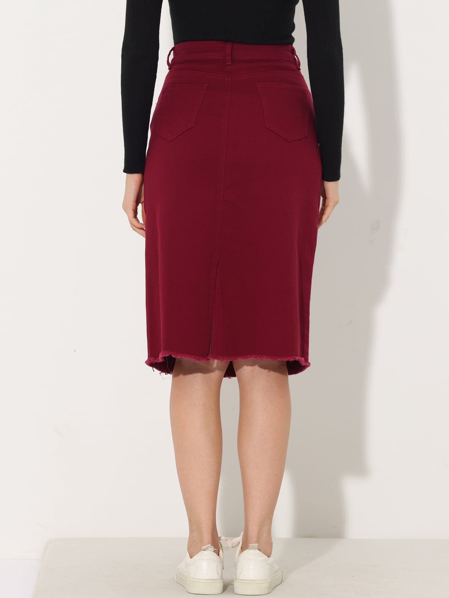 DARING DIVA Women's Jean Back Vent Midi Length Denim Skirts L Dark Red