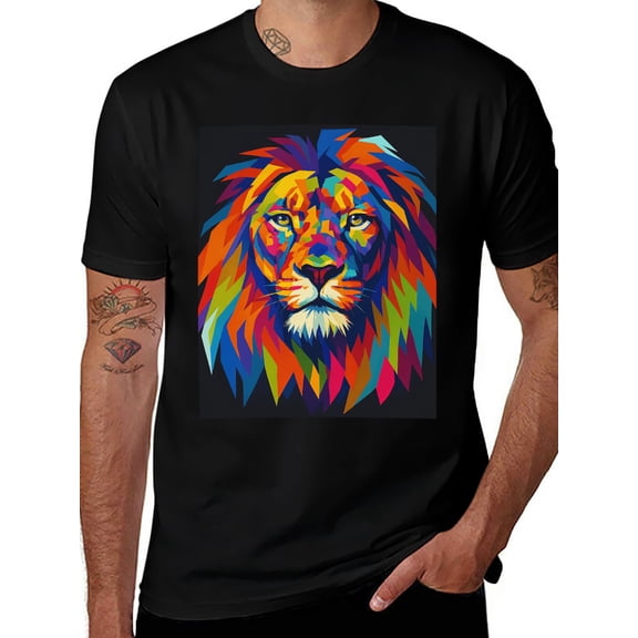 T-shirt Colorful Lion  Soft Cotton Adult Heat-Transfer Graphic T-Shirt - 180g Breathable Fabric, Unisex Summer Casual Wear with Durable Heat-Printed Design