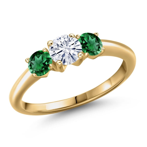 Gem Stone King 18K Yellow Gold Plated Silver White Moissanite and Green Nano Emerald Engagement Ring for Women | 1.10 Cttw | Round 5MM | Gemstone Birthstone | Size 9