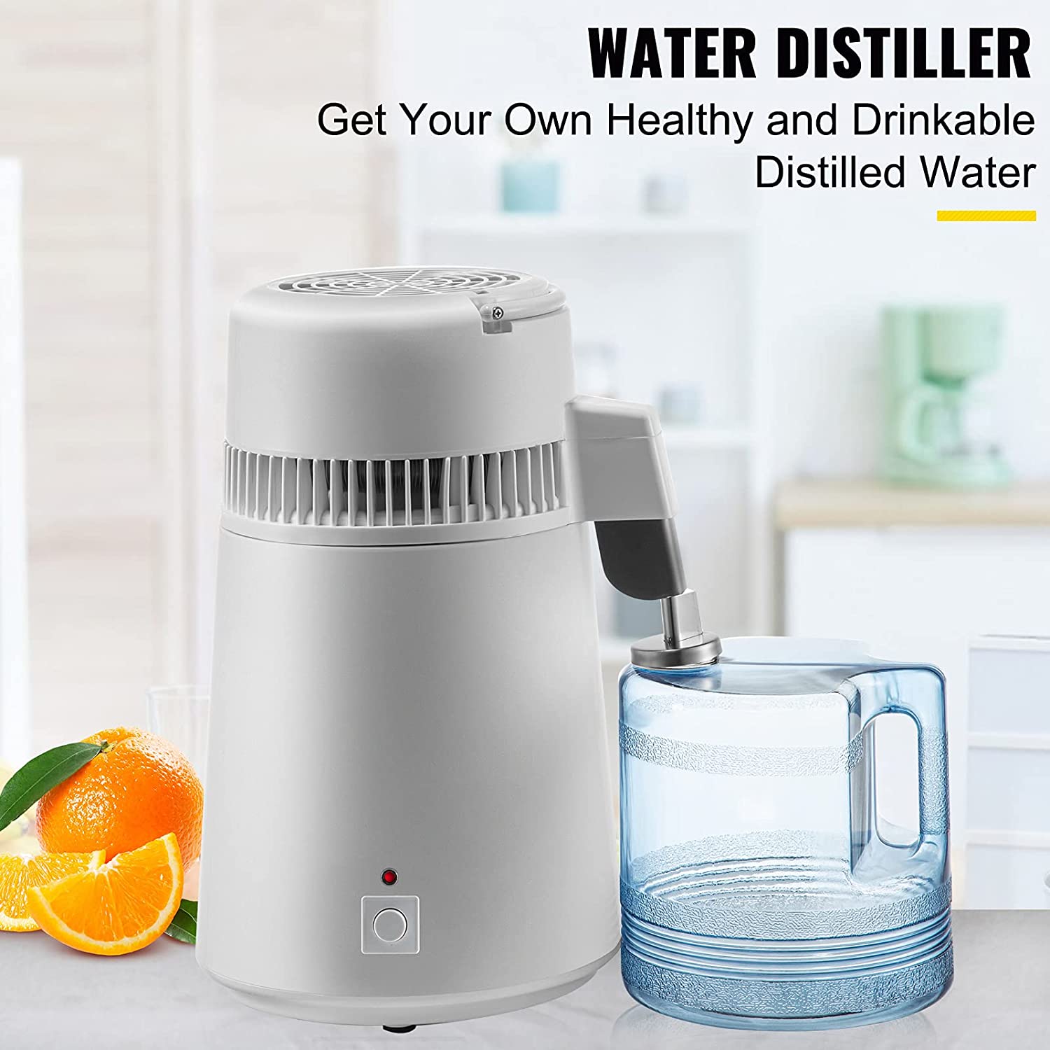 1.1 Gal Water Distiller, 750W Distilled Water Machine, 4L Distilling Pure Water Machine w/Plastic Container, Water Distillation Kit w/Button, Countertop Distilled Water Maker for Home (White)