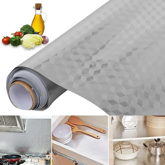2/1Pcs Oil Proof Kitchen Backsplash Stickers, Self Adhesive Waterproof Shelf Liner Drawer Liner, Peel and Stick Aluminum Foil Wallpaper Cabinets Shelf Sticker for Home Kitchen (15.6"x 78.7")