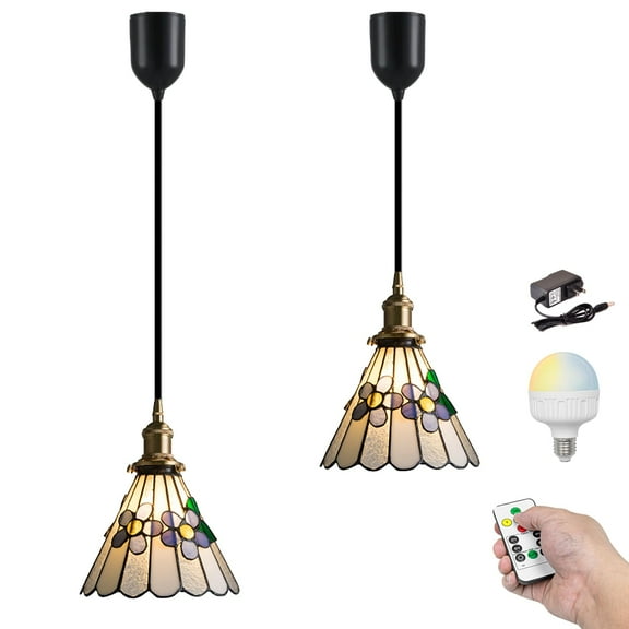 Kiven Battery Operated Pendant Light with Remote Control, Rechargeable Tiffany Hanging Pendant Light Adjustable Height with Stained Glass Lampshade for Kitchen Bedroom Living Room Home Decor(Set of 2)