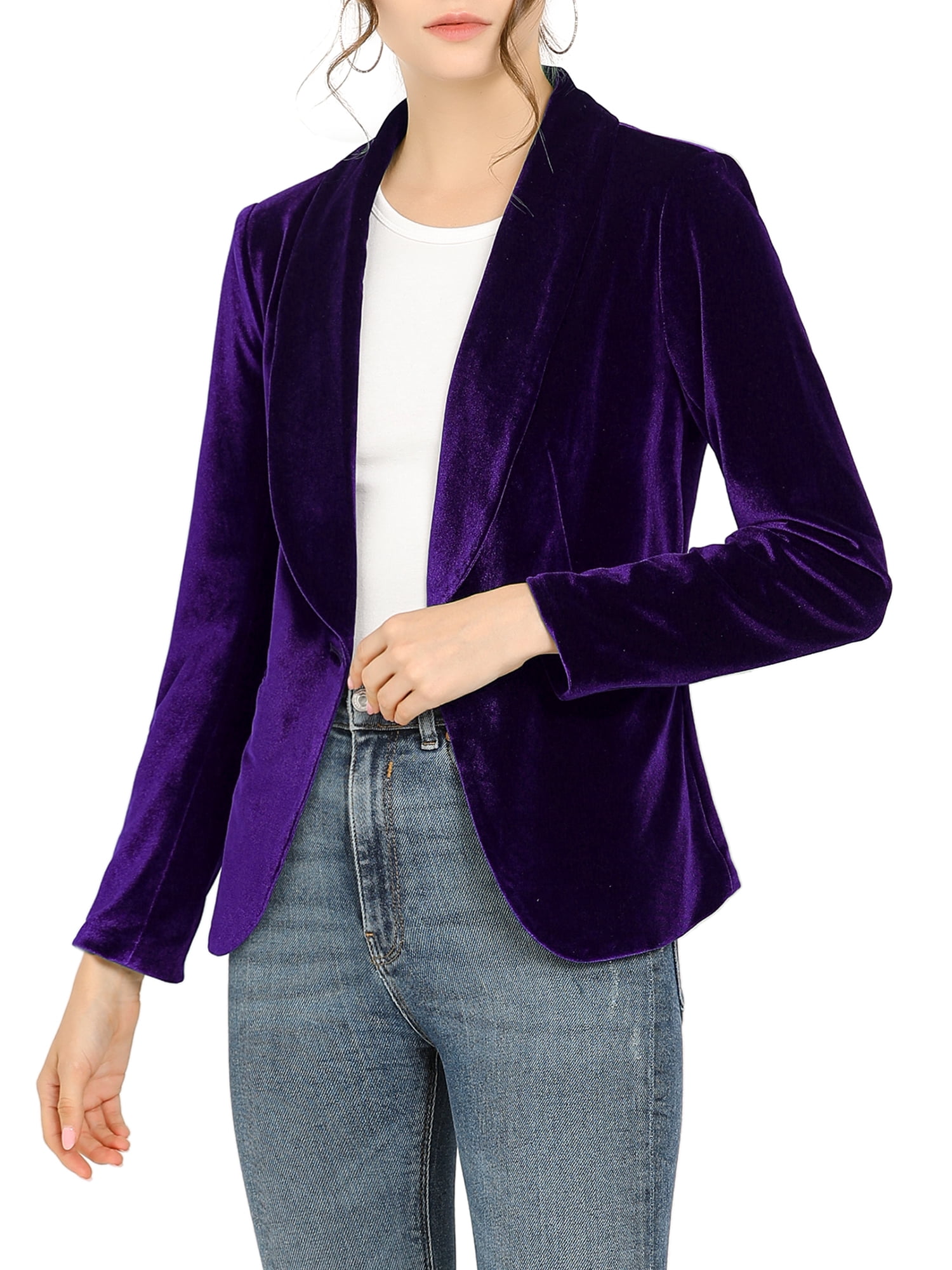 DARING DIVA Women's Velvet Office Coat Solid Shawl Collar Blazer M Deep Purple