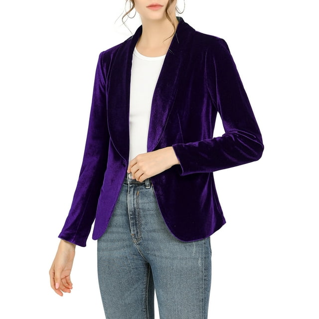 INSPIRE CHIC Women's Velvet Blazer Solid Color Shawl Collar One Button Wear-to-Work Suit Jacket S Deep Purple