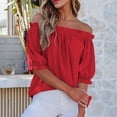 thumbnail image 5 of Womens Tops Short Sleeve Shirts Off the Shoulder Tops for Women Crewneck Dressy Casual Blouses Red S, 5 of 5