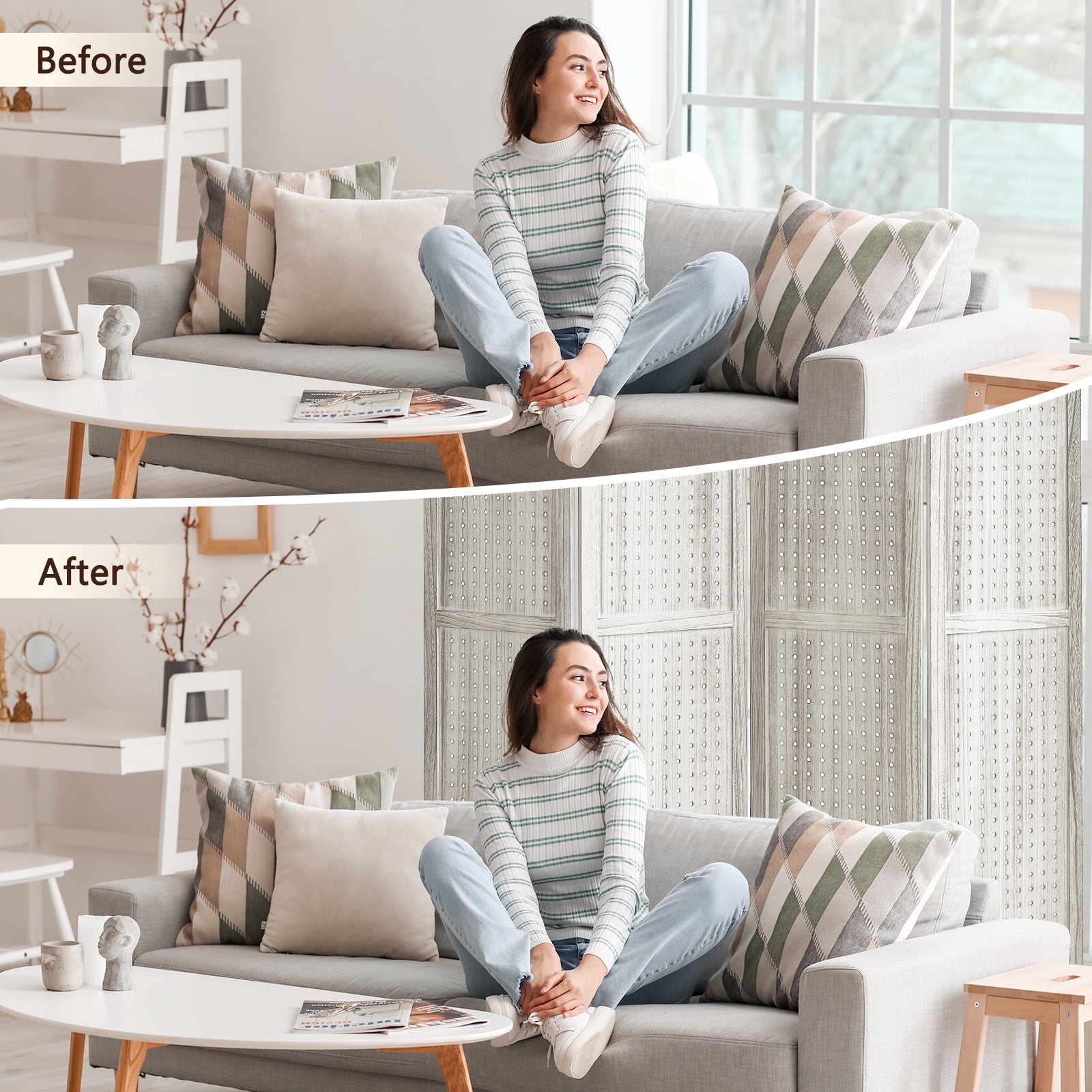 Aletheiawu 4 Panel Display with 16 Hooks, Wood Room Divider Wall, No Installation, Light Brown