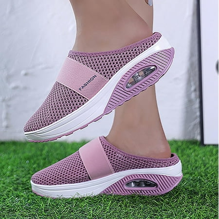 

VKEKIEO Round Toe Womens Sneakers High Heel Slip-On Pink 42