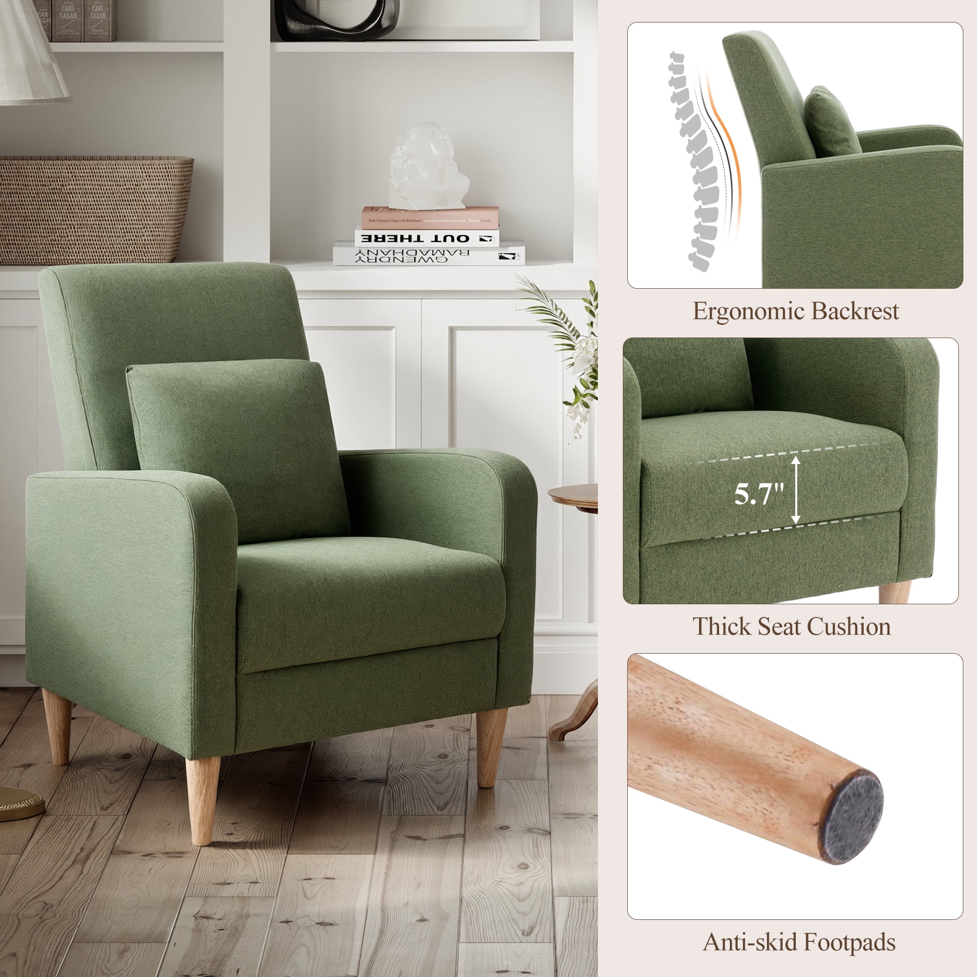 Single Sofa Armchair(Set of 2) — Upholstered Lounge Seat with Removable Pillow and Sturdy Wood Legs, Green