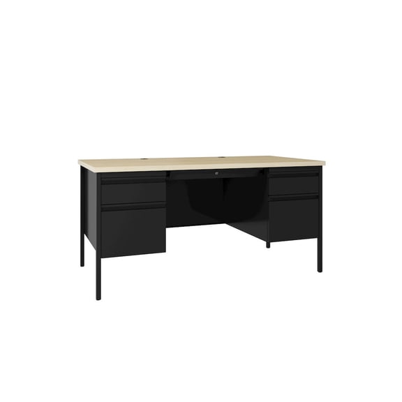 Hirsh Double Pedestal Office Desk with Center Drawer 30"D x 60"W - Black/Maple