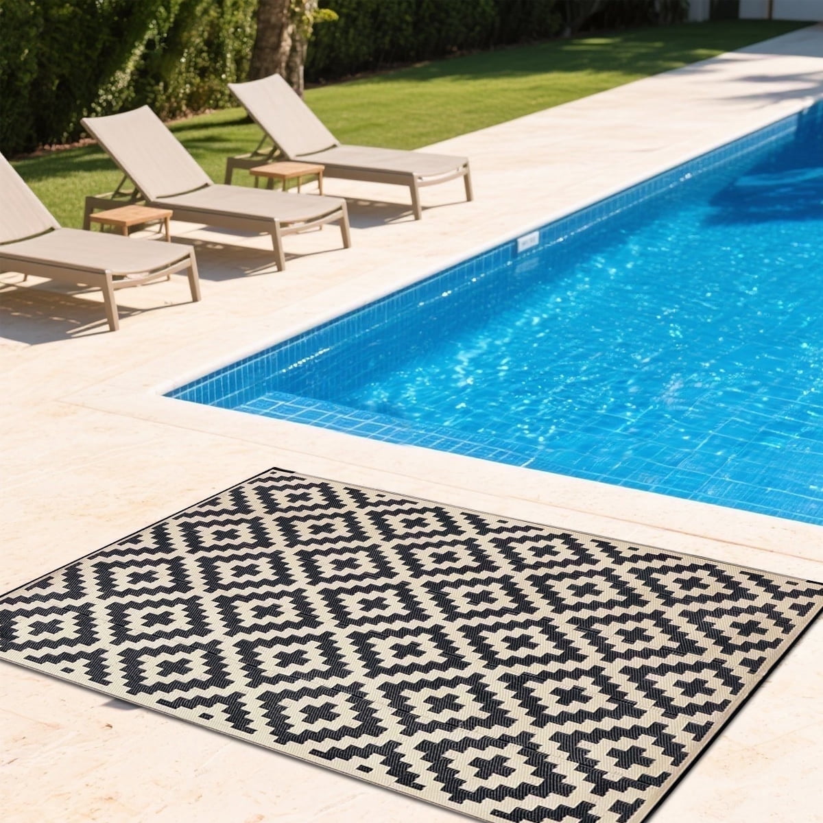 Kzaei Waterproof Outdoor Rug, 4'x6' Reversible Plastic Camping Area Rugs, Black & Beige